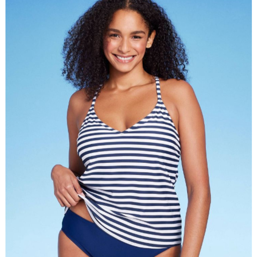 NWT Kona Sol womens sz Small navy and white striped razorback tankini top